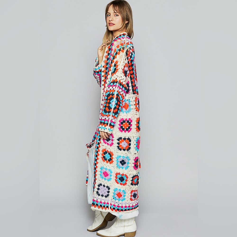 LAST 2! . POL MULTICOLOR CROCHET CARDIGAN SWEATER DUSTER square  boho bohemian - Picture 4 of 4